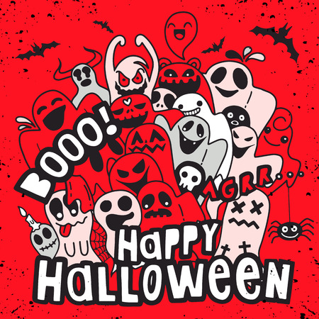 Happy Halloween contour outline doodle. Ghost, bat, pumpkin, spider, monster set. Orange cloud. White background Flat design Vector illustrationのイラスト素材