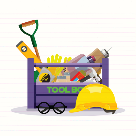 Set isolated icons set building tools repair. Include drill, hammer, screwdriver, saw,grove, cutter, ruler, roller, brush. Kit flat style. Tool box. Vector illustrationのイラスト素材