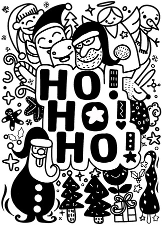 Ho! Ho! Ho! ,Funny Hand drawn style Christmas Doodle Set .Vector illustration.のイラスト素材