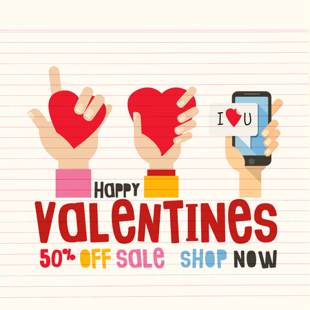 happy Valentineâs day sale. Hand with smartphone and finger sign love , 50% off sale title. Vector illustrationのイラスト素材
