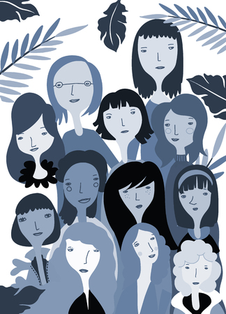 International Women's Day. Vector pattern with women faces,Vector illustration in doodle styleのイラスト素材