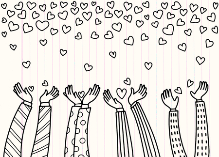 Men lift up their hands to receive the heart that is falling.hearts falling from hand, doodle style ,vector illustrationのイラスト素材