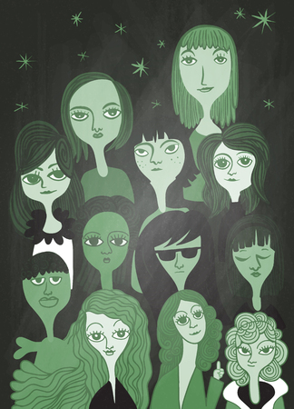 International Women's Day. Vector pattern with women faces,Vector illustration in doodle styleâ¨のイラスト素材