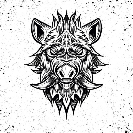 Patterned head of boar. Pig. Swine. Symbol of 2019. Tattoo design. It may be used for design of a t-shirt, bag, postcard, a posterのイラスト素材