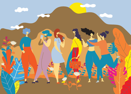 Happy Women s Day March 8 ,Happy girls standing together ,Group of female friends,  Cute cards and posters for the spring holiday.  woman and flowers , Colorful vector illustrationのイラスト素材
