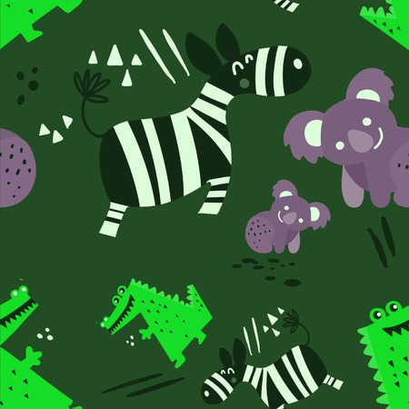 Vector illustration of a cute animal, zebra,koala, crocodile  ,  Cute seamless pattern in scandinavian styleのイラスト素材
