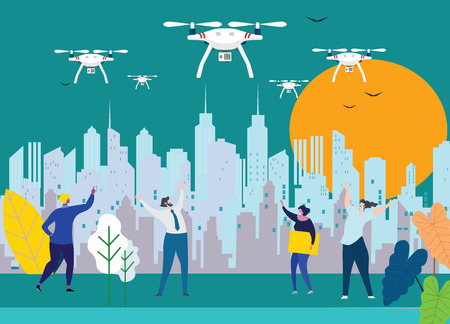 Banner design concept of online ordering of gift delivery. Drones shipping.. Future technology. Flat design business people concept.のイラスト素材