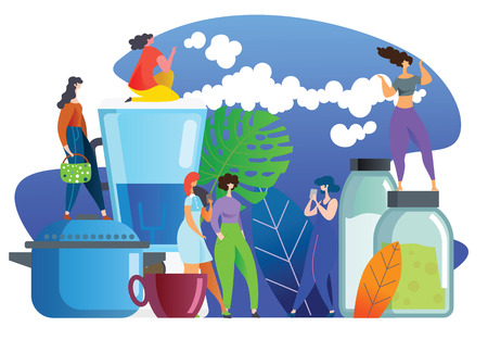 Vector cartoon girl group characters cooking at kitchen together concept ,cooking utensils,Colorful and flat design, happy cooking concept,Vector illustrationのイラスト素材