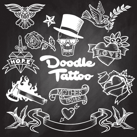Old school  tattoo , icons set with swallow rose heart Owl knife Axe  skull ribbon symbols isolated vector illustrationのイラスト素材