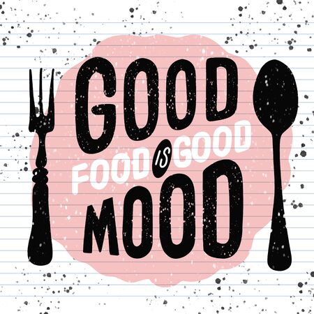 Food related typographic quote. Food old logo design. Foodstuffs background printable. Vintage kitchen print element with fork and spoon on grunge spot backgroundのイラスト素材