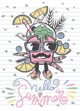 illustration of vegetable smoothie in a glass with a straw and images of ingredients with text, Hello Summer.のイラスト素材