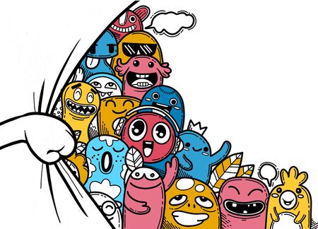 Hand opening  curtain, With funny monster group behind, illustration of Monsters and cute alien friendlyのイラスト素材