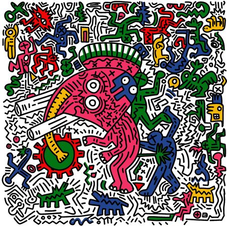 Hand Drawn Vector Illustration of Doodle funny elephant and human, illustrator line tools drawing, Flat Designのイラスト素材