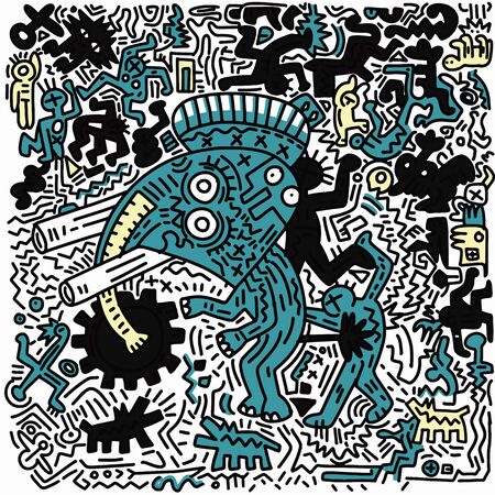 Hand Drawn Vector Illustration of Doodle funny elephant and human, illustrator line tools drawing, Flat Designのイラスト素材