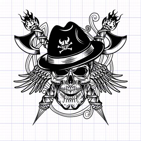 vector illustration of a skull wearing a viking hat with axes and wings Isolated on background.のイラスト素材