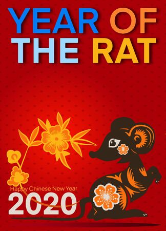 Template image Year of the rat, mice on  background. Lunar horoscope sign mouse. Chinese Happy new year 2020. Funny sketch mouse with long tail.のイラスト素材