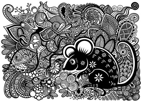 Chinese new year 2020 year of the rat , paper cut rat character, flower and asian elements with craft style on  background. Decorative outline hand drawn styleのイラスト素材
