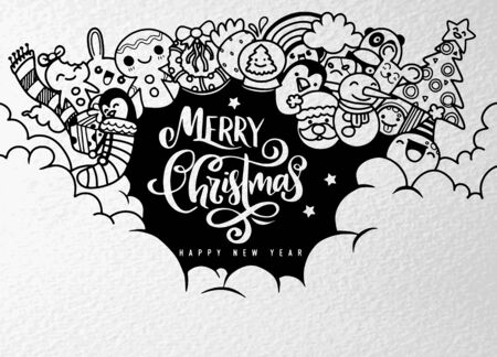 Christmas design element in doodle style with copy space ,Merry Christmas and Happy New Yearのイラスト素材