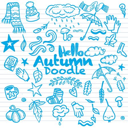 Sketchy vector hand drawn Doodle cartoon set of objects and symbols on the autumn themeのイラスト素材