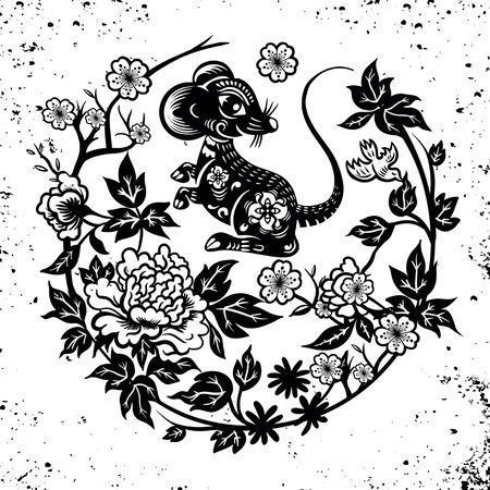 Traditional paper cut out of Chinese rat zodiac sign in Circle Vector illustrationのイラスト素材
