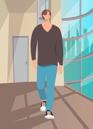 Relaxed casual man walking .Full body length portrait isolated  background..Vector illustration.のイラスト素材