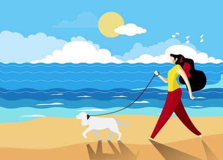 A girl with a dog by the sea, Summer Conceptのイラスト素材