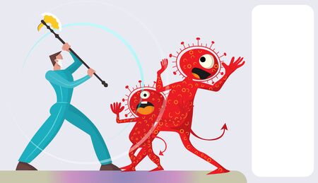 Vector illustration fight covid-19 corona virus. cure corona virus. People fight virus concept. corona viruses vaccine concept. end of 2019-ncov. don't be afraid of the corona virus concept.のイラスト素材