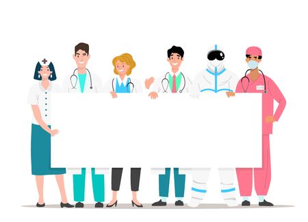 The happy medical team holding a white signboard with a space to copy text-banners for health advertisements. Vector illustration in flat line styleのイラスト素材