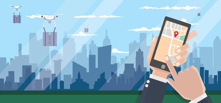 Delivery drone with the package against city background. Fast and convenient transportation concept. Hand holds smartphone for tracking delivery. tracking system ,vector illustration.のイラスト素材