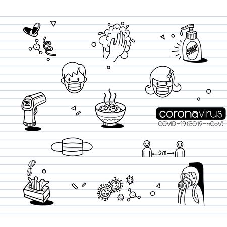 Vector illustration of Doodle cute for covid-19 , Corona Virus Doodle Element for Infographic Designのイラスト素材