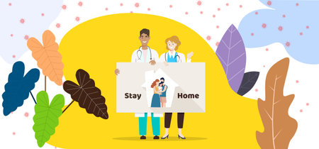 COVID-19 Quarantine lockdown country. Doctor wearing face mask hold board "stay home ". Coronavirus Disease awareness. Quarantineのイラスト素材