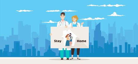 COVID-19 Quarantine lockdown country. Doctor wearing face mask hold board "stay home ". Coronavirus Disease awareness. Quarantineのイラスト素材