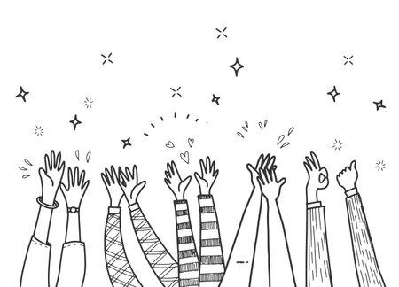 Applause hand draw,hand drawn of hands clapping ovation. applause, thumbs up gesture on doodle style , vector illustrationのイラスト素材
