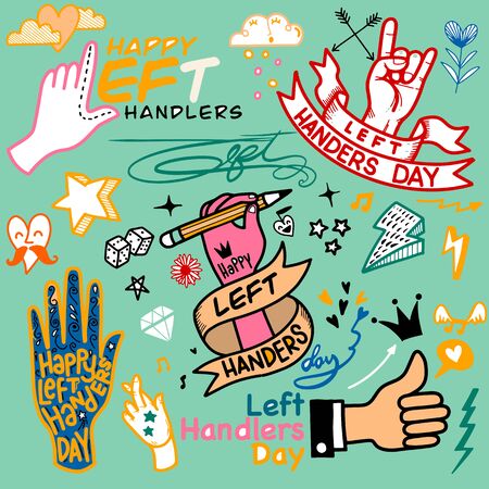 Left Handers Day. Hand drawn tattoo style. Vector calligraphy for posters, prints, cards, party decorのイラスト素材