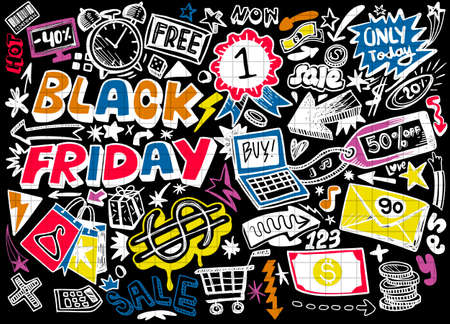 Black Friday sale hand drawn vector concept illustration.Black Friday sale hand lettering and doodles elements and symbols background. Vector hand drawn illustrationのイラスト素材