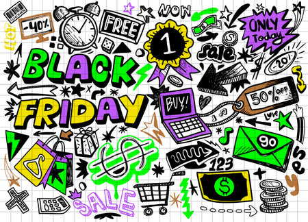 Black Friday sale hand drawn vector concept illustration.Black Friday sale hand lettering and doodles elements and symbols background. Vector hand drawn illustrationのイラスト素材