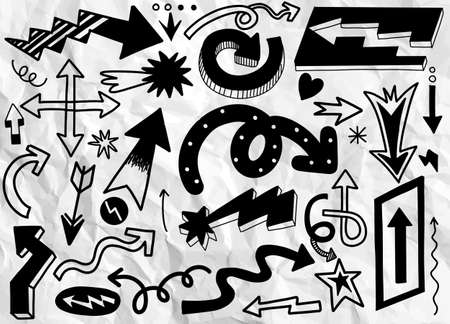 Hand drawn set of different Arrow. Different black directional icons, vector illustration collection for web design, mobile apps, interface and other design, Each on a separate layer.のイラスト素材