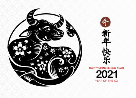 Chinese Zodiac Sign Year of Ox,Chinese calendar for the year of ox 2021,Calligraphy translation:year of the ox brings prosperity and good fortuneのイラスト素材