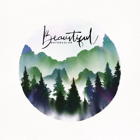 Watercolor illustration. Mountains landscape, trees, sky,watercolor backgroundの写真素材