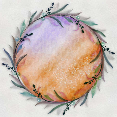 Watercolor wreath. Hand painted floral round frame isolated on white background.の写真素材