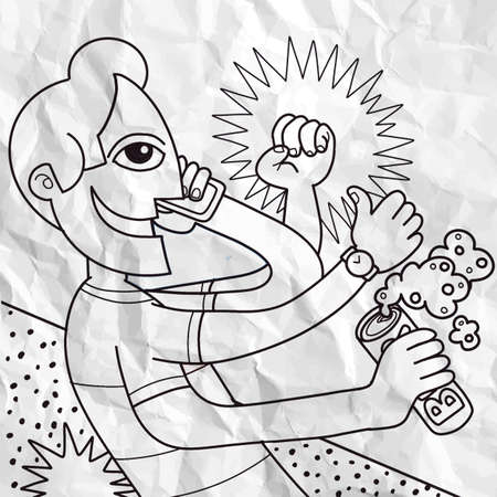 A cheerful young man enjoying beer, conversing on the phone, and doing creative things. He was a happy young man. A vector illustration of a doodle,For the design of coloring books,のイラスト素材