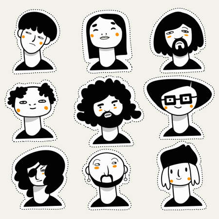 Sticker pack of Hand drawn  People avatar collection , Set of Different head portraitのイラスト素材