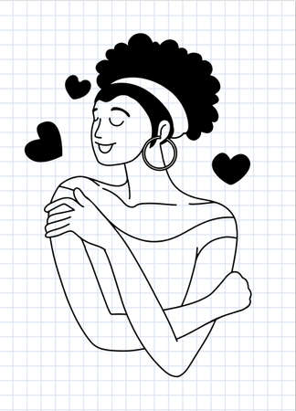 Love yourself. hugs yourself ,Love concept by yourself. Girl Healthcare Skincare. Take time for your self. Vector illustration. Woman hugging herself with red hearts on white background. Line doodle style.のイラスト素材