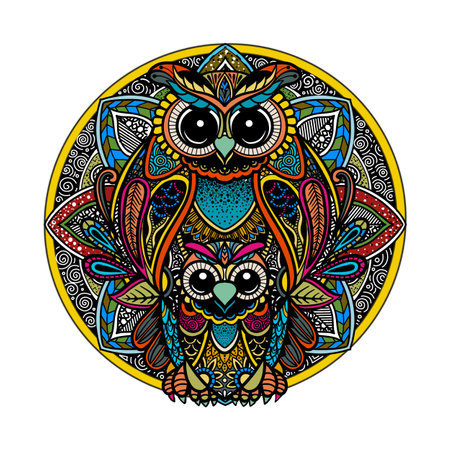 colorful owl  art illustrationÂ . Ethnic patterned vector illustration. African, indian, totem, tribal, design. Sketch for adult  coloring page, tattoo, poster, print, t shirtのイラスト素材