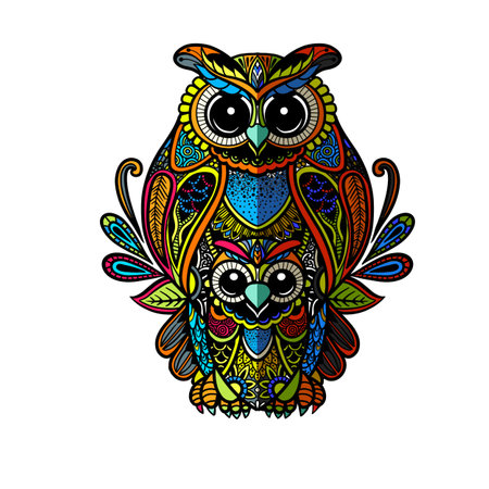 colorful owl  art illustrationÂ . Ethnic patterned vector illustration. African, indian, totem, tribal, design. Sketch for adult  coloring page, tattoo, poster, print, t shirtのイラスト素材