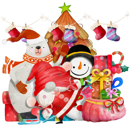 A cute cartoon with a Christmas scence  for coloring. on a white background, a vector black and white illustration.のイラスト素材