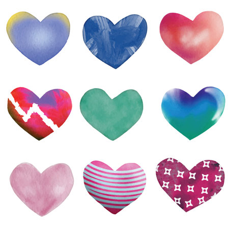 watercolor heart set that has been hand drawn. Isolated rainbow heart collection on white background. Valentine's Day cards and wedding invitations can both use this romantic design element. Illustration in vector format.のイラスト素材