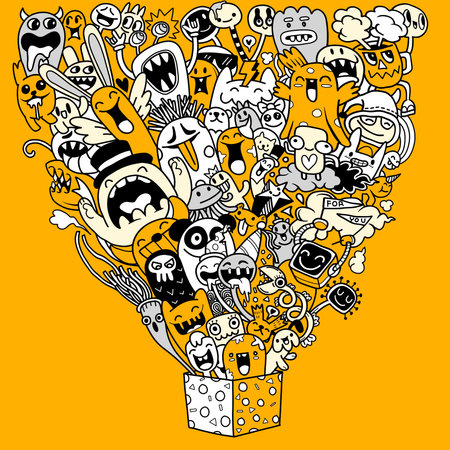 A vector illustration of a doodle cute monster background is an image created using vector graphics software that depicts a cartoonish, hand-drawn monster in a cute style, often with a playful and whimsical feel. The image may be used as a background for various designs, including posters, websites, or advertisements. The use of vector graphics allows for the image to be easily scaled and manipulated without losing quality, making it a versatile choice for graphic designers.のイラスト素材