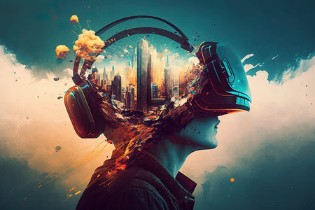 A glimpse into the future of technology and consciousness, this image features a VR headset with...