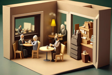 Senior businessman women and men Meeting at a coffee shop ,An illustrated storybook imitation in which everything is made of cardboard with illustrated storybooks.Generative Aiの素材